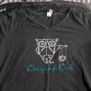 origami Owl Black V-Neck Tee with Rhinestone Owl Design